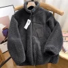 veste polaire japonaise à col montant pour hommes et femmes, manteau ample et chaud en laine d'agneau avec fermeture éclair pour couple, couleur unie, automne et hiver