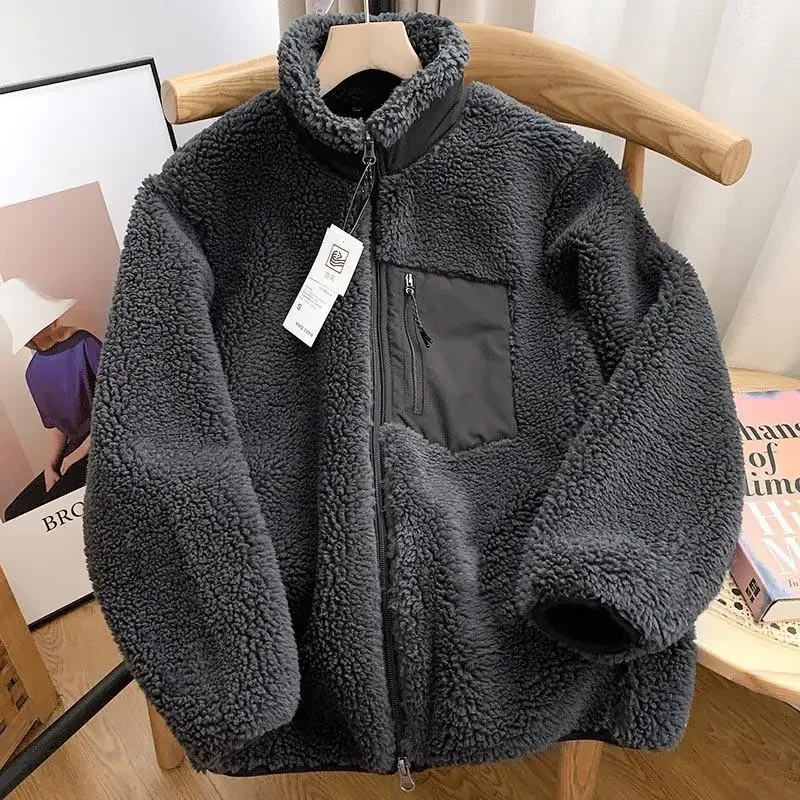 veste polaire japonaise à col montant pour hommes et femmes, manteau ample et chaud en laine d'agneau avec fermeture éclair pour couple, couleur unie, automne et hiver veste polaire japonaise à col montant pour hommes et femmes, manteau ample et chaud en laine d'agneau avec fermeture éclair pour couple, couleur unie, automne et hiver