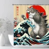 rideau de douche chat japonais, art ondulé de coucher de soleil d'anime vintage, tissu imperméable avec crochets