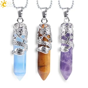 CSJA Collier dragon prisme hexagonal, pierre naturelle et cristaux  , cristal de quartz , oeil de tigre , collier pierre , collier pierre naturelle , pendentif pierre naturelle , pierres naturelles véritables E853