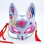 Masques de Renard Japonais Cosplay Peints à la Main Masques de Chat à Demi-Visage Fleur de Cerisier Mascarade Festival Fête Accessoires Cosplay
