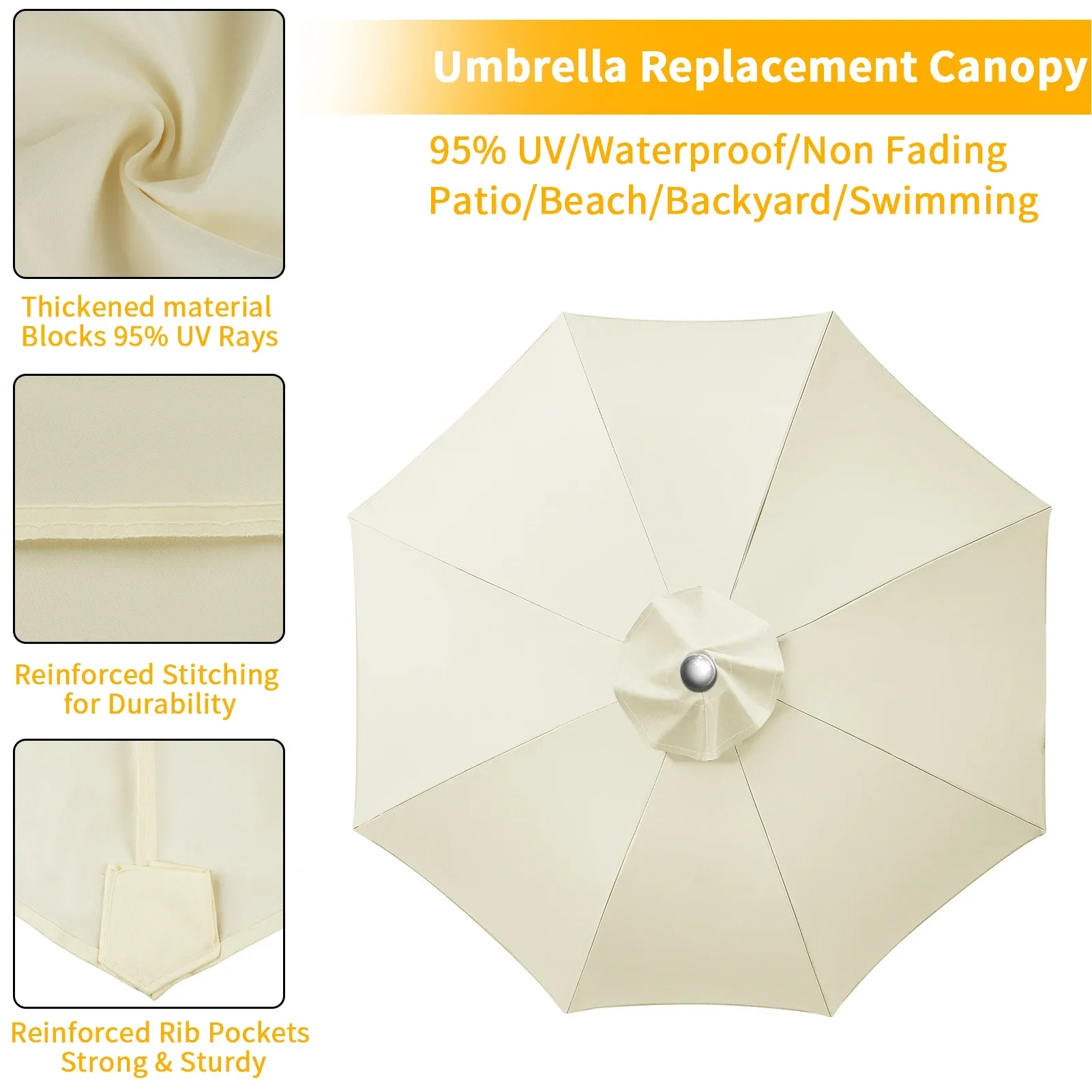 housse de remplacement pour parasol, 6 nervures/8 nervures, pour marché, patio, auvent en tissu, imperméable, pour jardin extérieur housse de remplacement pour parasol, 6 nervures/8 nervures, pour marché, patio, auvent en tissu, imperméable, pour jardin extérieur