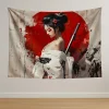 fond de samouraï japonais, kimono blanc avec tapisserie d'épée, revêtement mural décoratif pour femme, accent floral rouge, salon