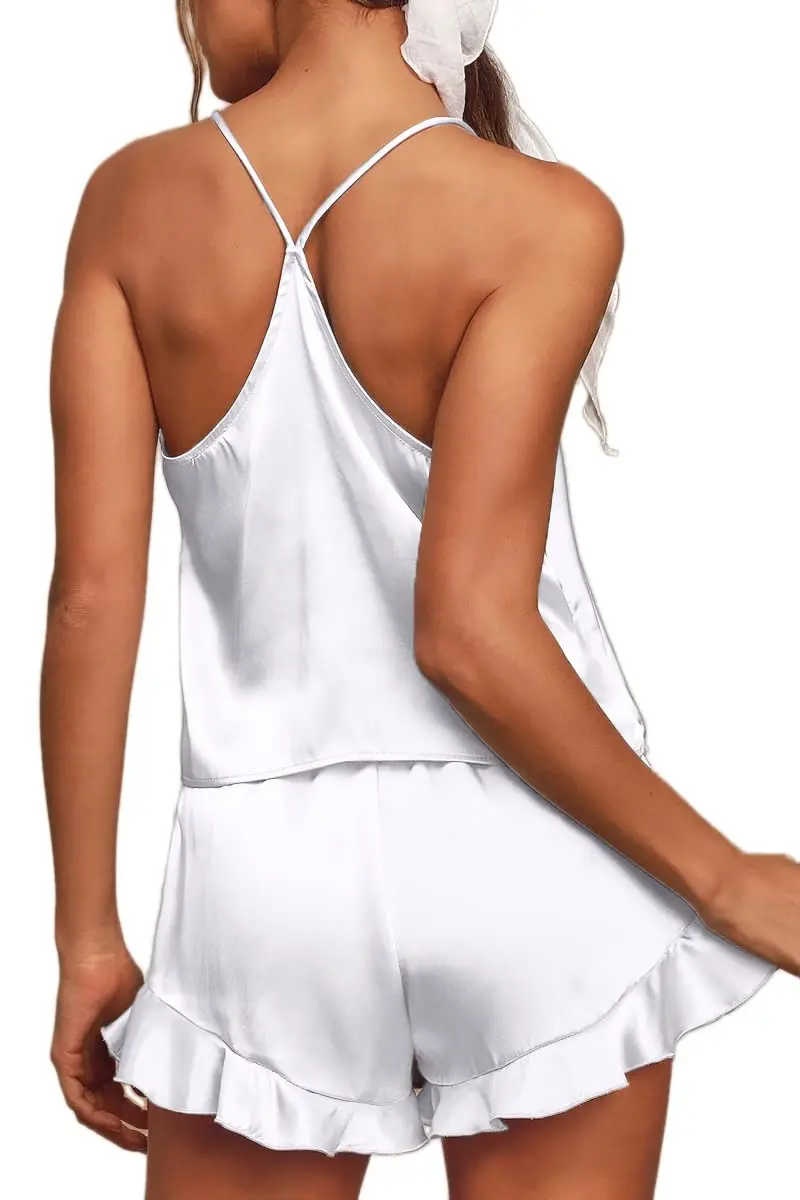 ensemble pyjama sexy en satin de soie pour femme – haut caraco à col en v et short à volants, lingerie de mariée, parfait pour les vêtements de nuit ensemble pyjama sexy en satin de soie pour femme – haut caraco à col en v et short à volants, lingerie de mariée, parfait pour les vêtements de nuit