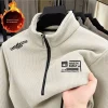 veste t shirt à manches longues pour hommes, doublure polaire, vintage, demi fermeture éclair, imprimé, texture à carreaux, pull épais et chaud, sweat shirt à col roulé