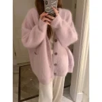 Cardigan ouvert en fourrure de vison violet pour femme, pull tricoté, nouveau Style coréen doux, paresseux, mi-long, couleur blanche, automne hiver