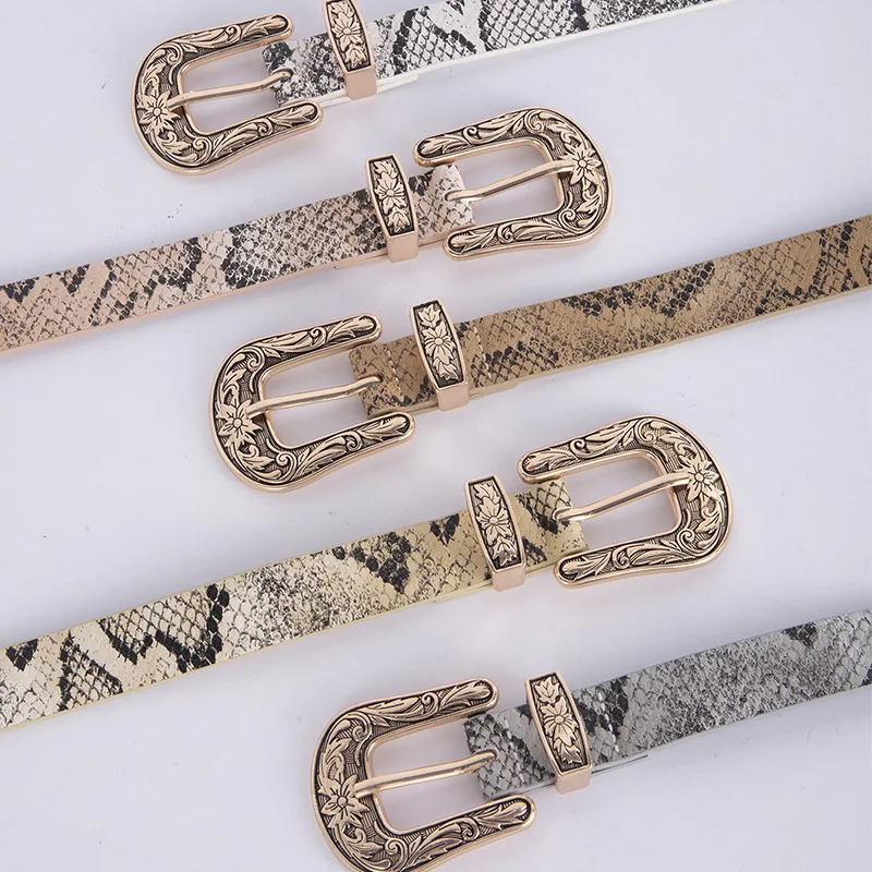 ceinture en peau de serpent avec broche sculptée européenne et américaine pour femme, motif à la mode et polyvalent, haut de gamme ceinture en peau de serpent avec broche sculptée européenne et américaine pour femme, motif à la mode et polyvalent, haut de gamme