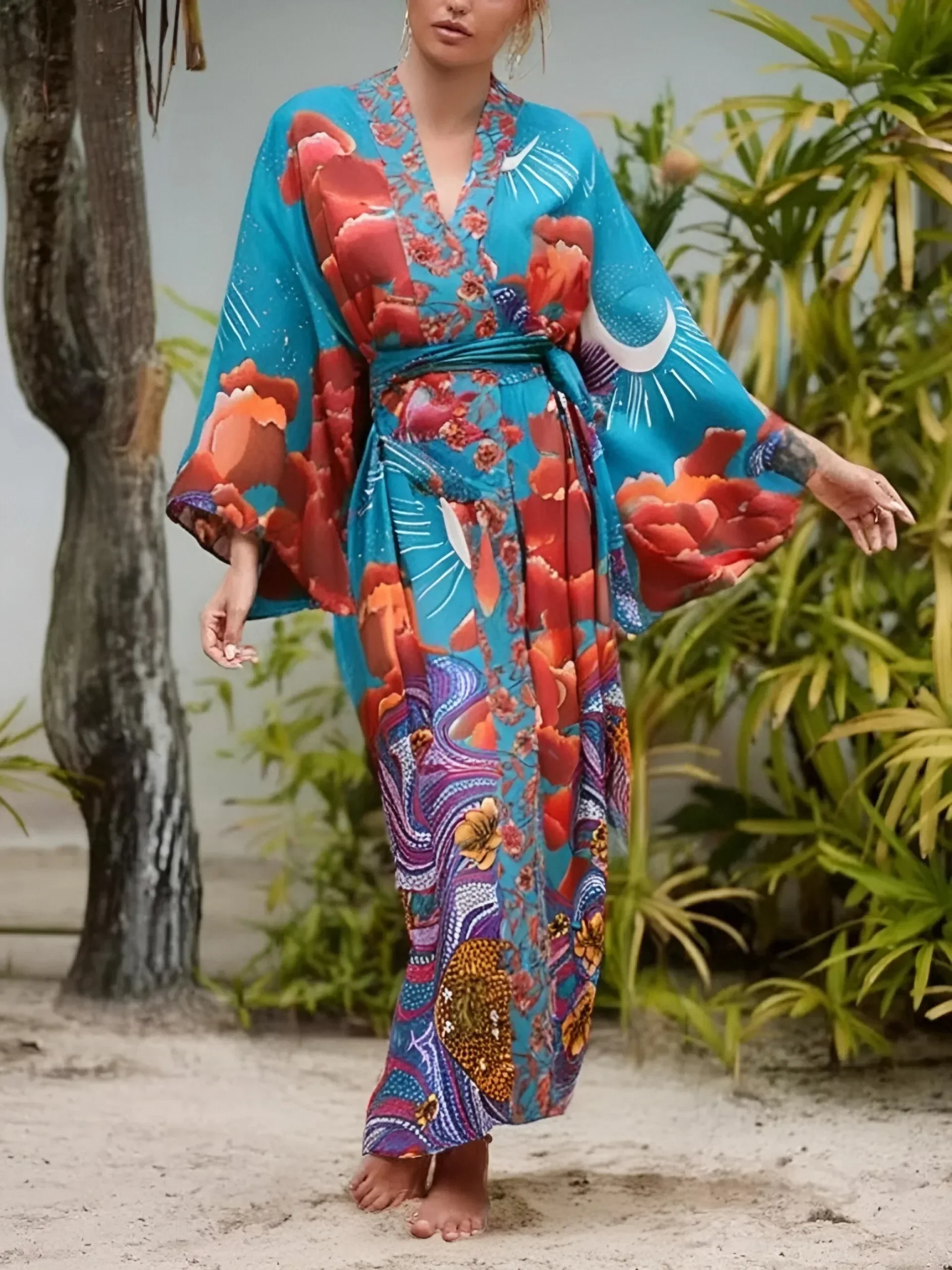 robe kimono à manches chauve souris et col en v pour femme, tenue de plage, style bohème, imprimé floral, Étoile, pour dîner, Été robe kimono à manches chauve souris et col en v pour femme, tenue de plage, style bohème, imprimé floral, Étoile, pour dîner, Été