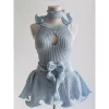 robe trapèze courte bleue pour femme, col rond, évidée, sexy, taille amincissante, nouvelle mode coréenne, été
