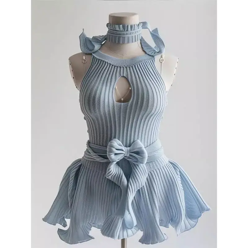 robe trapèze courte bleue pour femme, col rond, évidée, sexy, taille amincissante, nouvelle mode coréenne, été robe trapèze courte bleue pour femme, col rond, évidée, sexy, taille amincissante, nouvelle mode coréenne, été