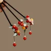 bâton de cheveux vintage avec pompon en perles de fleurs pour femmes, nouveau style chinois, épingle à cheveux hanfu en bois irrégulière, couvre chef, accessoires bijoux