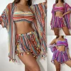 4 pièces taille haute bikini shorts 2025 femmes avec kimono vêtements de plage rayé imprimé maillot de bain sexy maillots de bain femme maillots de bain