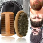 Brosse de rasage professionnelle en bois pour hommes, poils de sanglier souples, Kit de peigne à moustache avec sac cadeau, brosse de coiffeur, peignes à cheveux