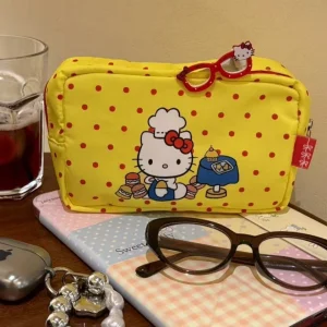 Sac de maquillage en toile avec chat mignon, pochette à cosmétiques de grande capacité pour filles de Style japonais