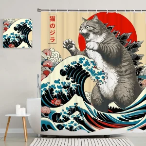 Rideau de douche chat japonais, Art ondulé de coucher de soleil d’anime Vintage, tissu imperméable avec crochets Rideau de douche chat japonais, Art ondulé de coucher de soleil d’anime Vintage, tissu imperméable avec crochets