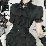 Harajuku mode manches courtes dentelle Patchwork chemises femmes Alt Techwear centre commercial gothique bouton mince Blouse chemise hauts mignons