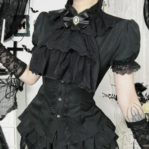 Harajuku mode manches courtes dentelle Patchwork chemises femmes Alt Techwear centre commercial gothique bouton mince Blouse chemise hauts mignons