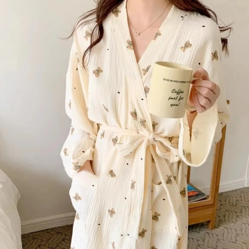 robe de nuit femme printemps et automne nouveau style japonais ins mignon peignoir ours à manches longues décontracté style princesse vêtements de maison robe de nuit femme printemps et automne nouveau style japonais ins mignon peignoir ours à manches longues décontracté style princesse vêtements de maison