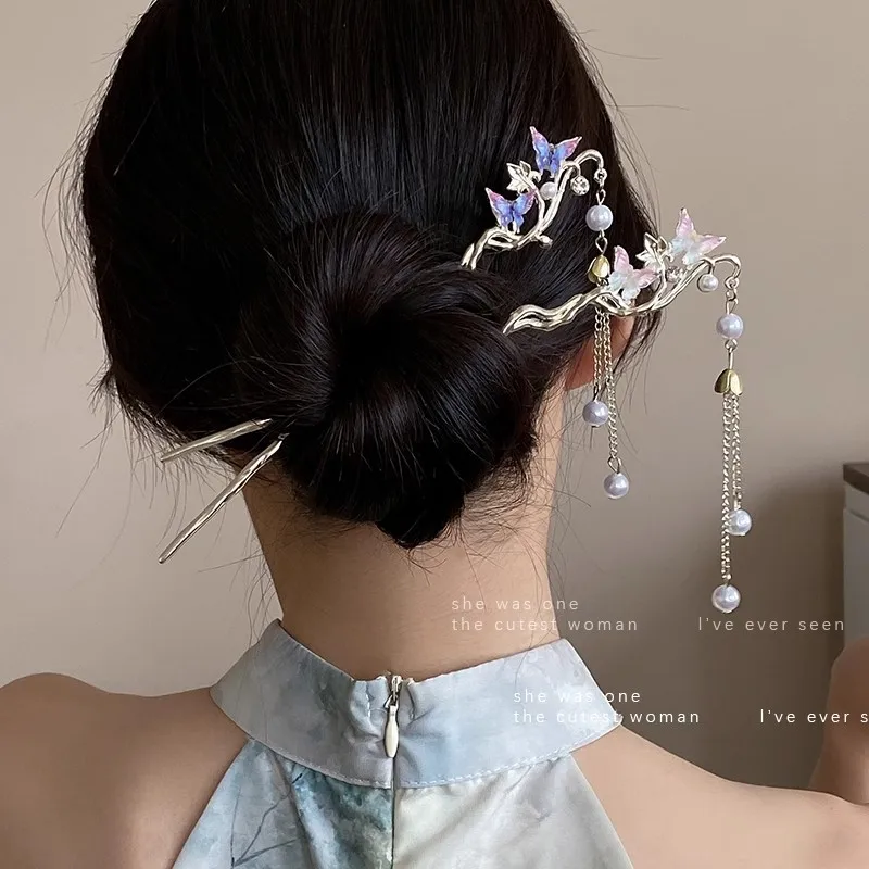 Épingles à cheveux à fleurs en alliage rétro, fourchettes à cheveux à pampilles de style chinois romantique, accessoires pour cheveux hanfu élégants adaptés à un usage quotidien Épingles à cheveux à fleurs en alliage rétro, fourchettes à cheveux à pampilles de style chinois romantique, accessoires pour cheveux hanfu élégants adaptés à un usage quotidien