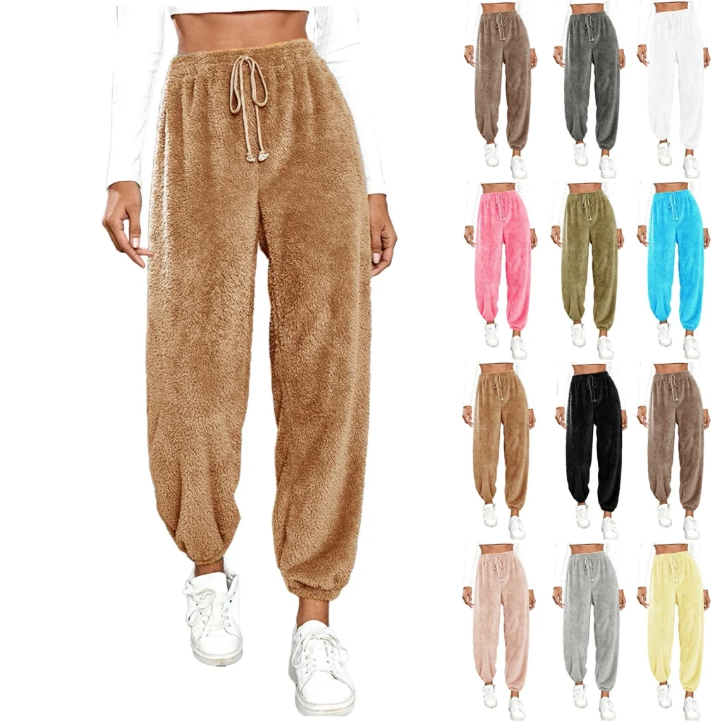 Pantalon de survêtement chaud en fourrure pour femme, blanc, monochrome, document fjadt, taille haute, décontracté, épais, nouvelle mode, hiver, 2019