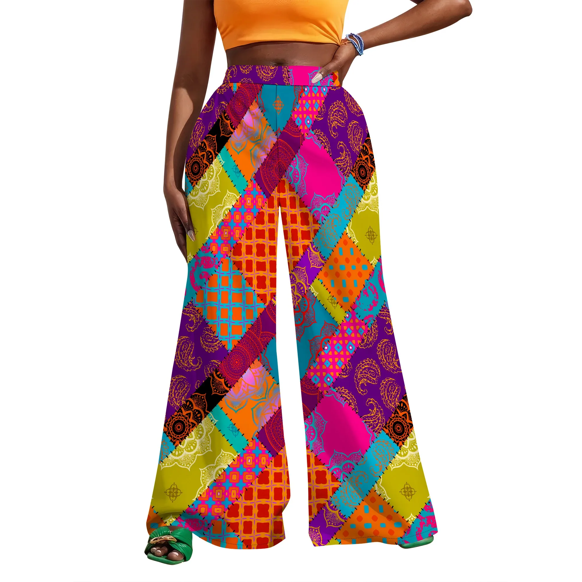 pantalon taille haute à jambes larges imprimé feuilles bleues tropicales pour femmes, vêtements de plage de vacances pantalon taille haute à jambes larges imprimé feuilles bleues tropicales pour femmes, vêtements de plage de vacances