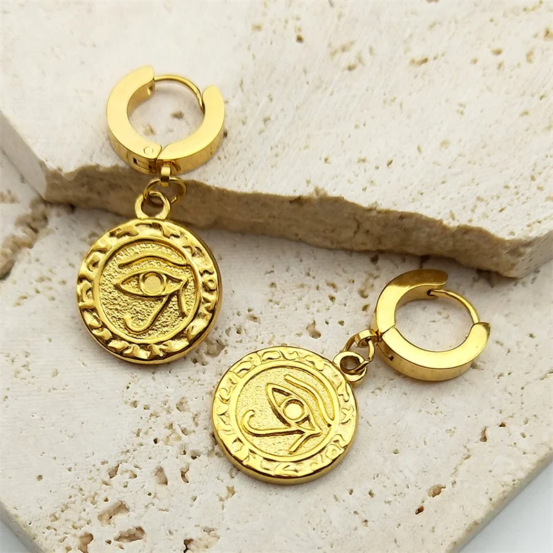 boucles d'oreilles pendantes en acier inoxydable avec breloque pour femme, œil d'horus égyptien des prairies, porte bonheur en or, amulette, bijoux boucles d'oreilles pendantes en acier inoxydable avec breloque pour femme, œil d'horus égyptien des prairies, porte bonheur en or, amulette, bijoux