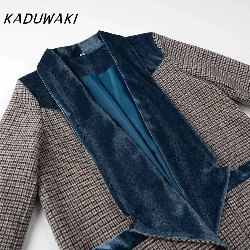 kaduwaki col en velours plaid laine manteau laine patchwork trench pardessus rétro tube droit contraste couleurs mélanges vêtements d'extérieur automne kaduwaki col en velours plaid laine manteau laine patchwork trench pardessus rétro tube droit contraste couleurs mélanges vêtements d'extérieur automne