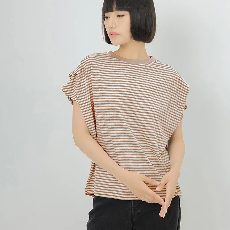 t shirt rayé japonais en coton pour femmes, ample, manches chauve souris, haut tricoté pour femmes t shirt rayé japonais en coton pour femmes, ample, manches chauve souris, haut tricoté pour femmes