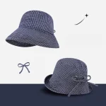 Casquette seau à carreaux d&rsquo;été japonaise, chapeau de soleil à carreaux bouclés à séchage rapide, casquette de pêcheur pliable avec nœud pour femmes