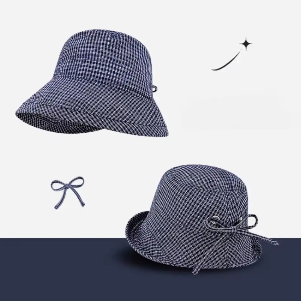 Casquette seau à carreaux d’été japonaise, chapeau de soleil à carreaux bouclés à séchage rapide, casquette de pêcheur pliable avec nœud pour femmes Casquette seau à carreaux d’été japonaise, chapeau de soleil à carreaux bouclés à séchage rapide, casquette de pêcheur pliable avec nœud pour femmes