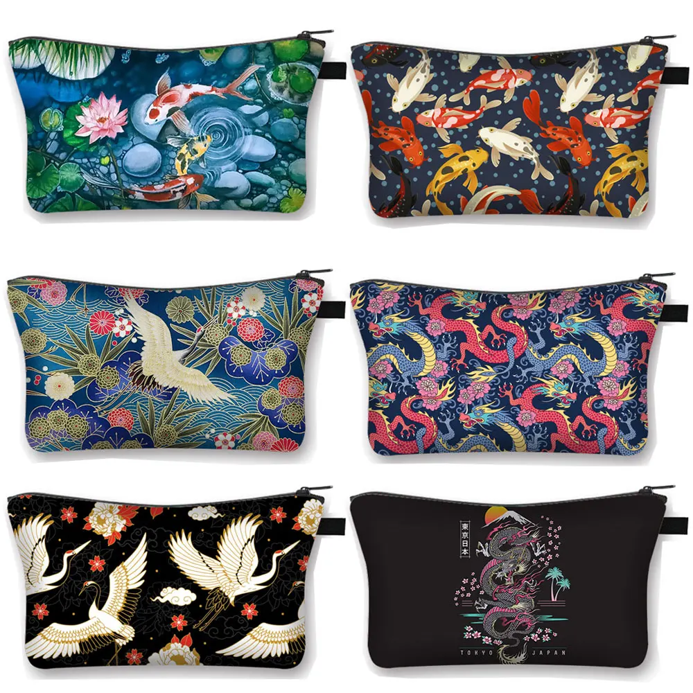 Trousse à cosmétiques japonaise Koi Fish Crane pour femmes, trousse de maquillage Harajuku, sac de beauté pour filles, trousse de toilette cosmétique Hip Hop, dragon asiatique Trousse à cosmétiques japonaise Koi Fish Crane pour femmes, trousse de maquillage Harajuku, sac de beauté pour filles, trousse de toilette cosmétique Hip Hop, dragon asiatique