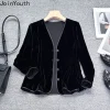 Vestes noires en velours pour femmes, vêtements d&rsquo;extérieur Vintage de Style chinois, hauts surdimensionnés, col en v, manteaux de tempérament Chic, 2025