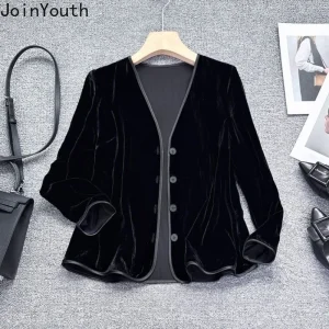 Vestes noires en velours pour femmes, vêtements d&rsquo;extérieur Vintage de Style chinois, hauts surdimensionnés, col en v, manteaux de tempérament Chic, 2025