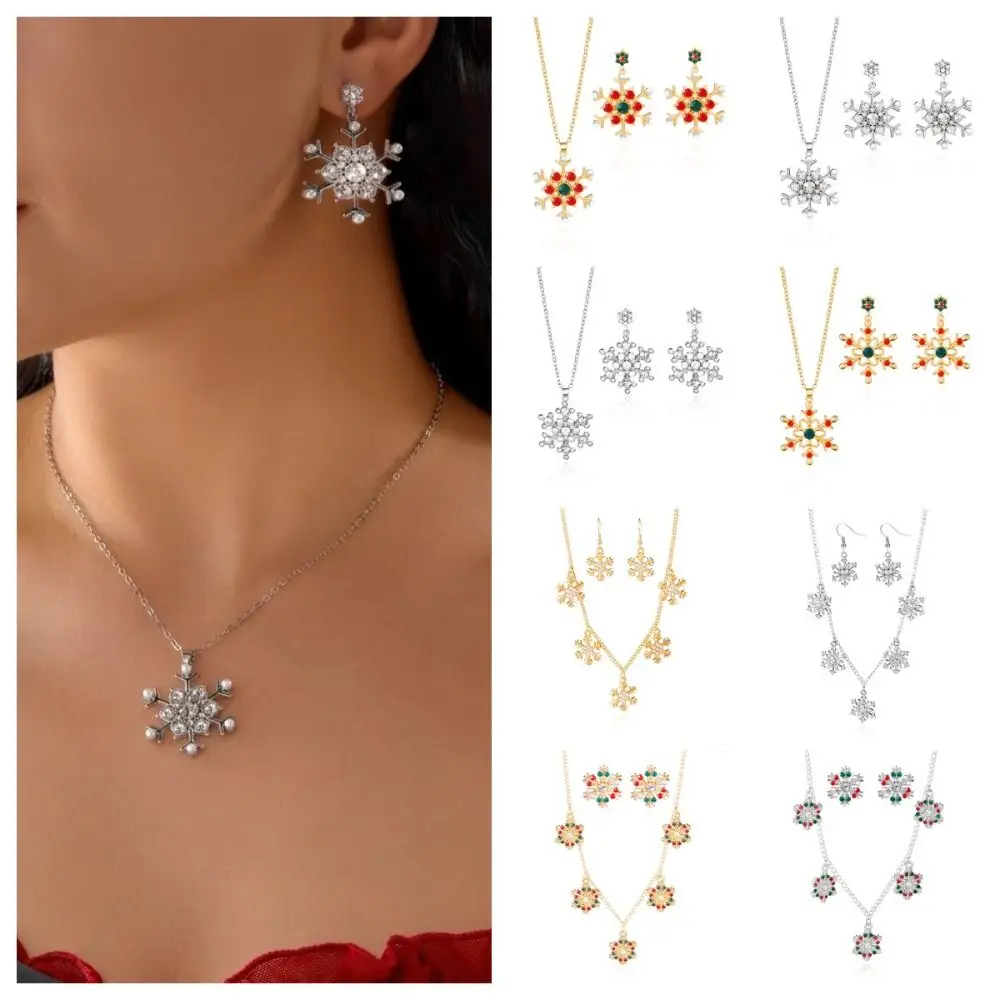 ensemble de bijoux de noël en alliage de zinc, pendentif en strass, boucles d'oreilles pendantes, collier flocon de neige coloré, quotidien ensemble de bijoux de noël en alliage de zinc, pendentif en strass, boucles d'oreilles pendantes, collier flocon de neige coloré, quotidien
