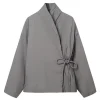 hh nouvelle femme hiver polyvalent couleur unie manches longues à lacets décoration style kimono coton veste femme mode manteau décontracté