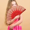 Éventail ancien chinois pliant en plastique, éventail hanfu pour femmes, décoration de maison japonaise, danse noire et rouge, éventail pliant pour fête de mariage