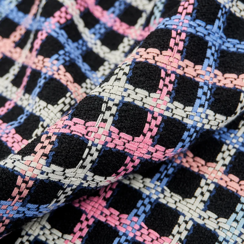 tissu tweed en coton pour manteau, ligne multicolore, carreaux noirs, bricolage tissu tweed en coton pour manteau, ligne multicolore, carreaux noirs, bricolage