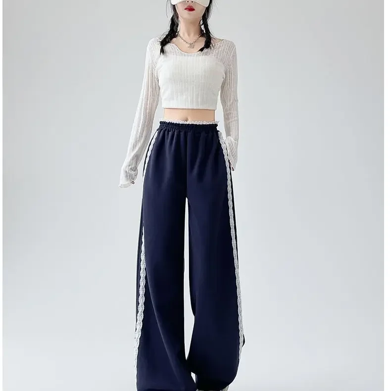 pantalon décontracté en dentelle noire pour femmes, taille haute, jambes larges, ample, nouveau style, pantalon sportif polyvalent, printemps été pantalon décontracté en dentelle noire pour femmes, taille haute, jambes larges, ample, nouveau style, pantalon sportif polyvalent, printemps été