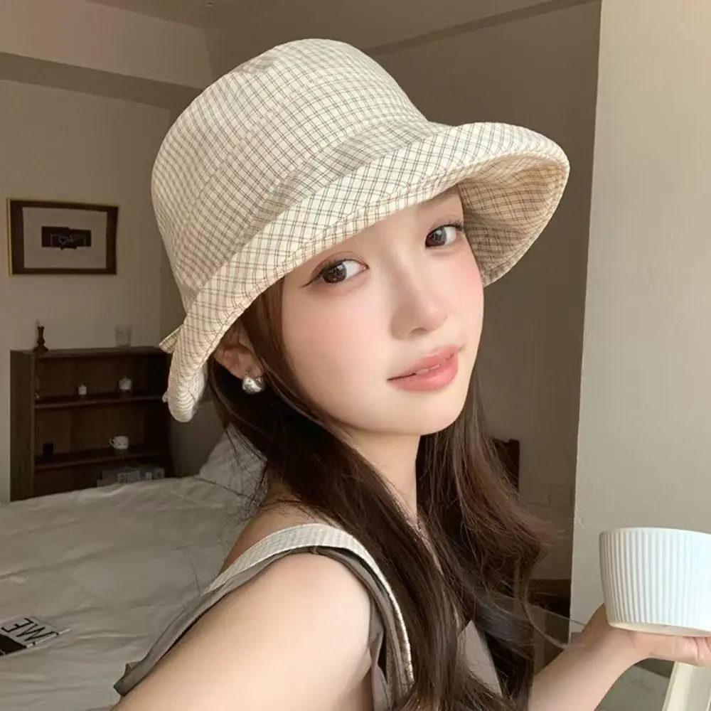 casquette seau à carreaux d'été japonaise, chapeau de soleil à carreaux bouclés à séchage rapide, casquette de pêcheur pliable avec nœud pour femmes casquette seau à carreaux d'été japonaise, chapeau de soleil à carreaux bouclés à séchage rapide, casquette de pêcheur pliable avec nœud pour femmes