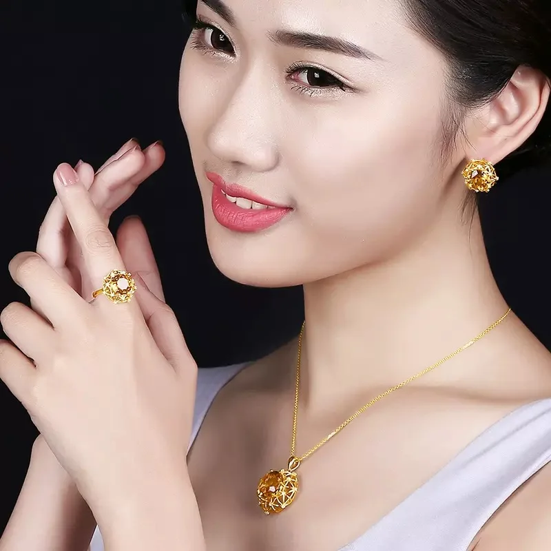 grands ensembles de bijoux de luxe en cristal jaune rond 10 carat, couleur or, pendentif en pierre cz, colliers, boucles d'oreilles, bagues pour femmes grands ensembles de bijoux de luxe en cristal jaune rond 10 carat, couleur or, pendentif en pierre cz, colliers, boucles d'oreilles, bagues pour femmes