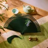 Éventail pliable portable de 21cm, style chinois rétro série verte dégradé de fleurs de cerisier pour danse quotidienne cheongsam