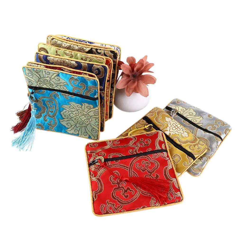 poudres de porte monnaie en brocart chinois, petit sac à fermeture éclair avec pompon, broderie carrée, cadeaux de bijoux, poudres de stockage poudres de porte monnaie en brocart chinois, petit sac à fermeture éclair avec pompon, broderie carrée, cadeaux de bijoux, poudres de stockage