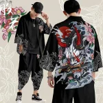 Ensemble Cardigan et pantalon Kimono japonais grande taille 5XL 6XL, chemise imprimée démon pour hommes et femmes, Costume de Cosplay Tradition Yukata Haori Obi