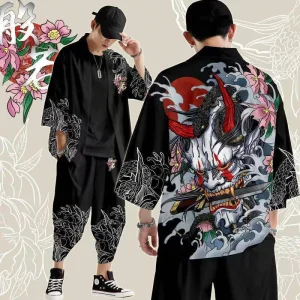 Ensemble Cardigan et pantalon Kimono japonais grande taille 5XL 6XL, chemise imprimée démon pour hommes et femmes, Costume de Cosplay Tradition Yukata Haori Obi