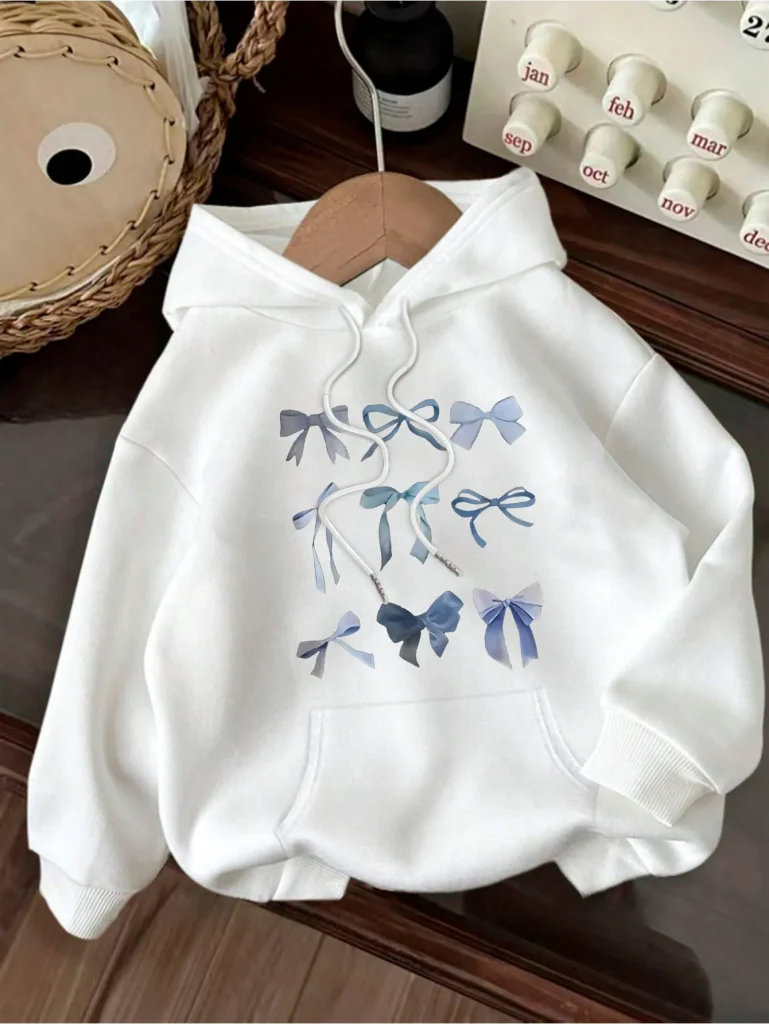 Sweat à capuche imprimé de Style frais avec nœud bleu créatif pour femmes, automne et hiver 2025, sweat à capuche à manches longues pour vêtements pour femmes Sweat à capuche imprimé de Style frais avec nœud bleu créatif pour femmes, automne et hiver 2025, sweat à capuche à manches longues pour vêtements pour femmes