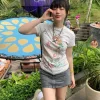 t shirts à manches courtes pour femmes, gris et blanc, imprimé de points ondulés, haut à col rond, slim fit, assorti avec tout, été 2025, y2k