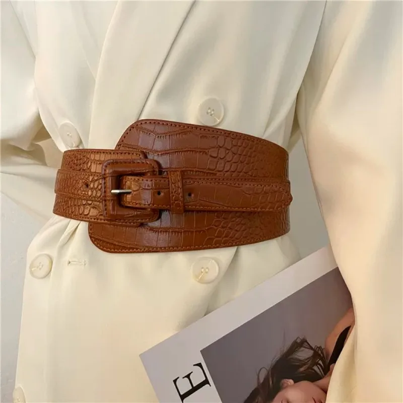 ceinture ultra large rétro polyvalente pour femmes, en cuir pu, style japonais, à la mode, avec boutons à aiguilles ceinture ultra large rétro polyvalente pour femmes, en cuir pu, style japonais, à la mode, avec boutons à aiguilles