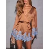 mini robe de soirée en satin pour femmes, sexy, manches longues, col en v, épissure en dentelle, ligne a, ample, robe de soirée de célébrité, robe de cocktail