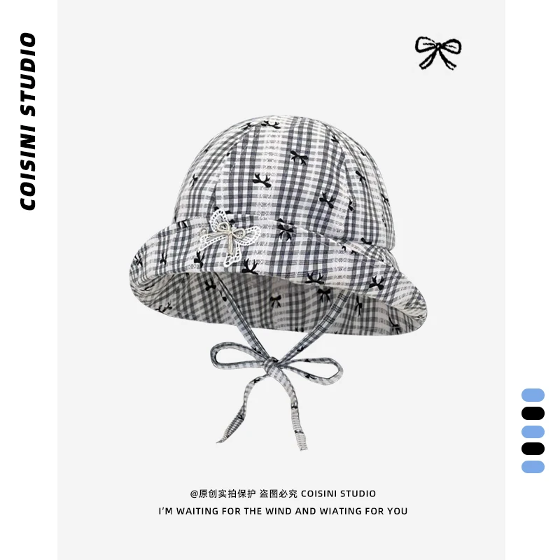 chapeau seau à bord rabattable pour femmes, imprimé avec nœud à carreaux doux japonais, été, mince, mignon, polyvalent, dôme pare soleil, casquette de soleil à lacets chapeau seau à bord rabattable pour femmes, imprimé avec nœud à carreaux doux japonais, été, mince, mignon, polyvalent, dôme pare soleil, casquette de soleil à lacets