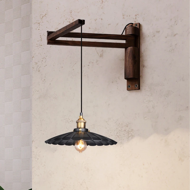 applique japonaise en bois massif, lampe de chevet pour chambre à coucher, style nordique rétro, bras à bascule pliant, pour restaurant, allée, art en fer applique japonaise en bois massif, lampe de chevet pour chambre à coucher, style nordique rétro, bras à bascule pliant, pour restaurant, allée, art en fer